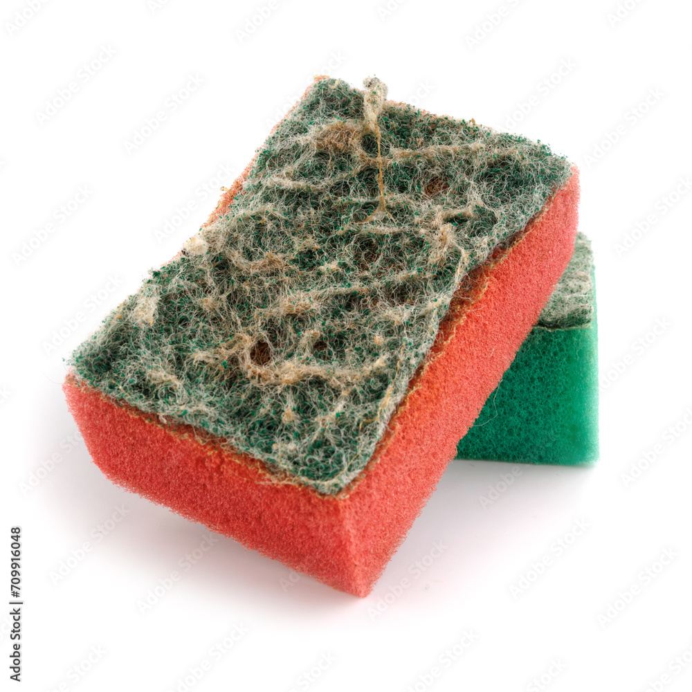 Fototapeta premium Old, used dishwashing sponge isolated on a white background.