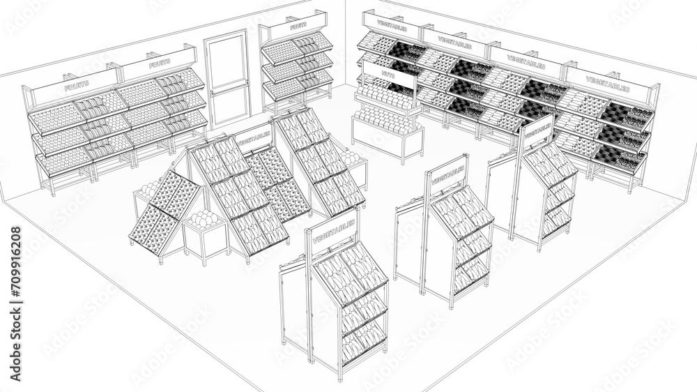 Contour visualization of fruit and vegetable store. 3d illustration isolated on white
