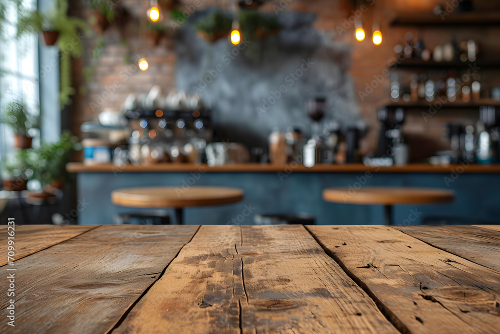 Foreground Wooden Table, Blurred Cafe Atmosphere Background, Coffee Haven