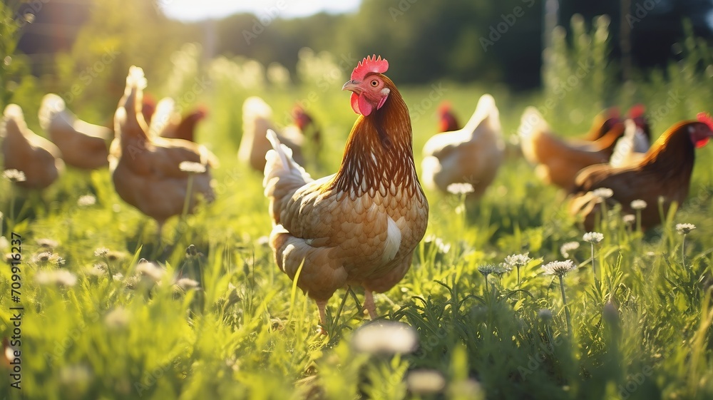 Fototapeta premium Rows of free-range chickens foraging in a green pasture under a sunny sky