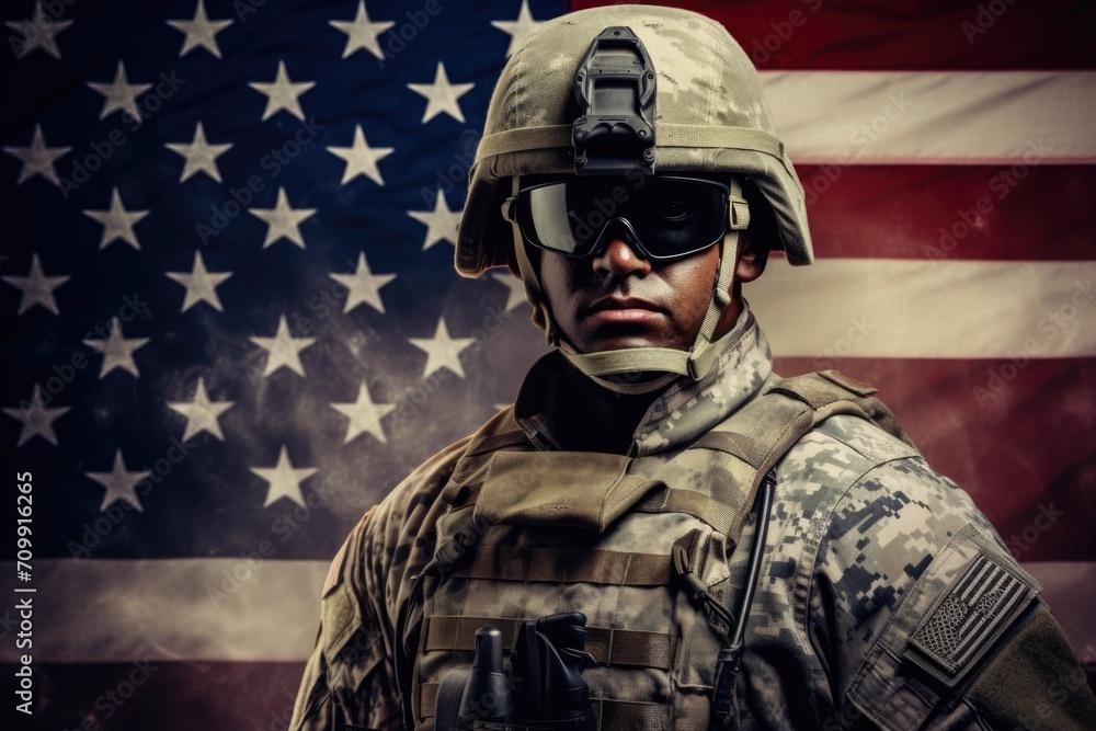 American military man defending his country stands against the background of the US flag - obrazy, fototapety, plakaty 