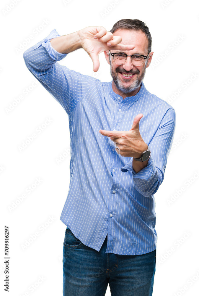 Middle age hoary senior man wearing glasses over isolated background smiling making frame with hands and fingers with happy face. Creativity and photography concept. Middle age hoary senior man wearing glasses over isolated background smiling making frame with hands and fingers with happy face. Creativity and photography concept.