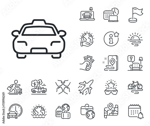 Client transportation sign. Plane jet, travel map and baggage claim outline icons. Taxi line icon. Passengers car symbol. Taxi line sign. Car rental, taxi transport icon. Place location. Vector