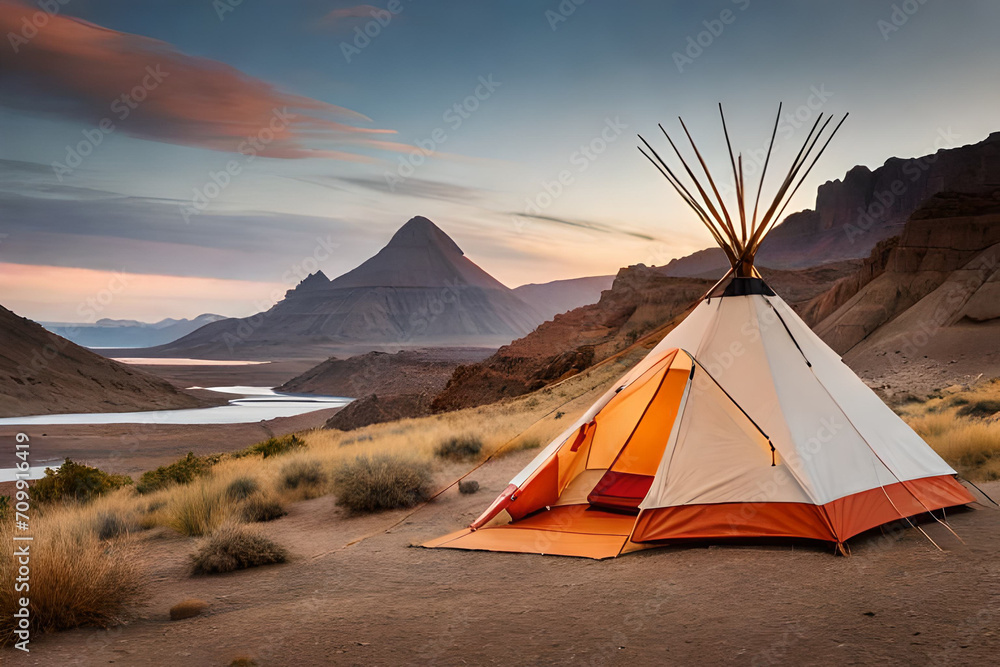 native tipi style camping tent in the wilderness , outdoor activity native tipi style camping tent in the wilderness , outdoor activity