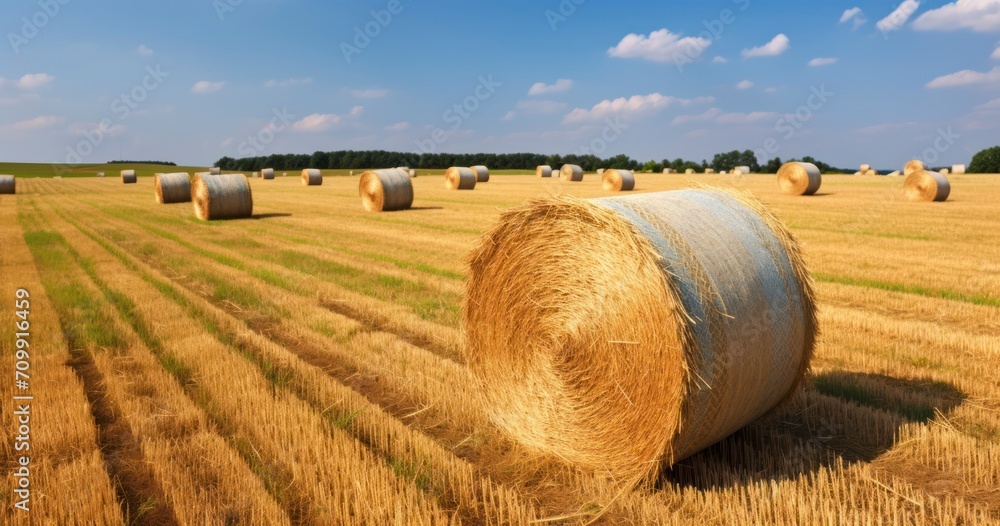 Harvested field with straw bales with Agriculture background. Summer and autumn harvest concept