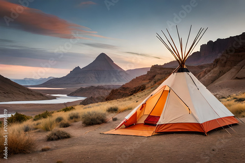 native tipi style camping tent in the wilderness   outdoor activity