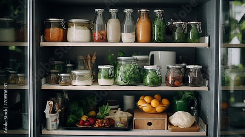 Refrigerator's shelves are meticulously organized with various food items
