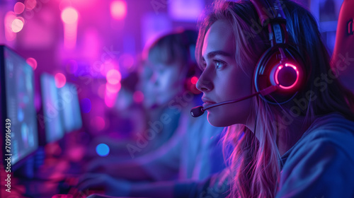 Under neon lights, a female gamer leads her team with intense focus during a competitive online gaming session.