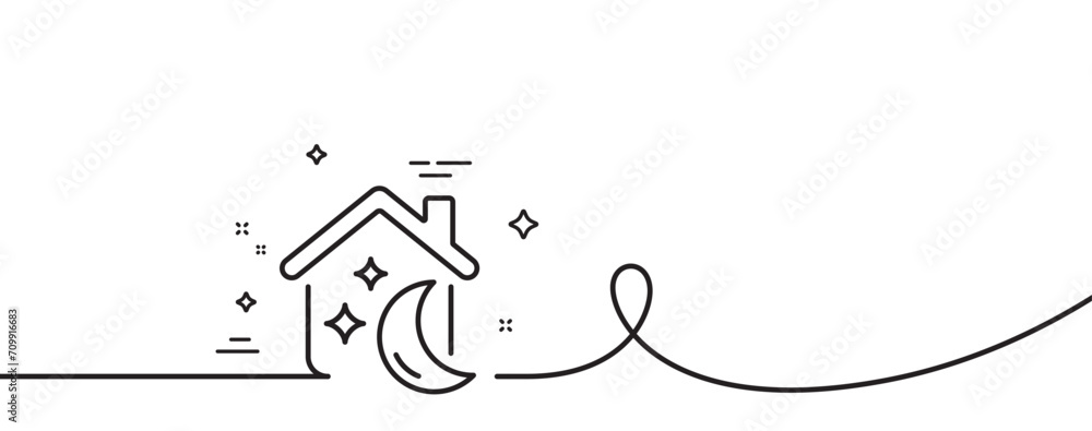 Sleep line icon. Continuous one line with curl. Night house sign. Dream home symbol. Sleep single outline ribbon. Loop curve pattern. Vector Sleep line icon. Continuous one line with curl. Night house sign. Dream home symbol. Sleep single outline ribbon. Loop curve pattern. Vector
