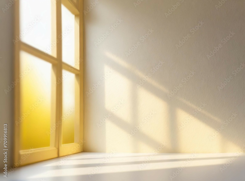 Fototapeta premium Realistic and minimalist blurred natural light windows, shadow overlay on wall paper texture, abstract background. Minimal abstract light white background for product presentation.