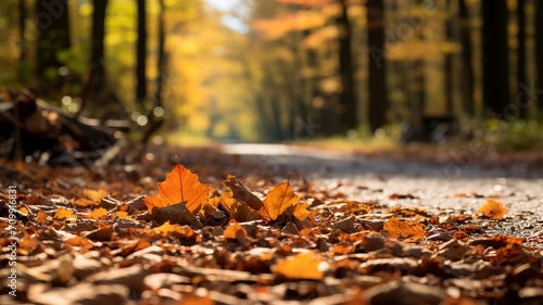 Autumn leaves gather around a roadblock in a forest, signaling seasonal change