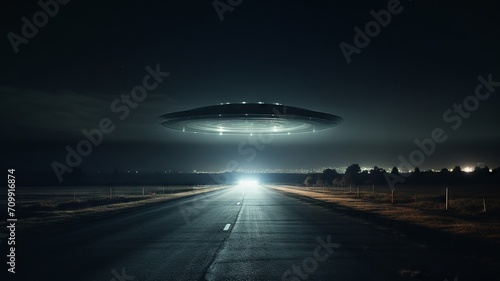 UFO lands silently on an empty highway at night, casting eerie shadows