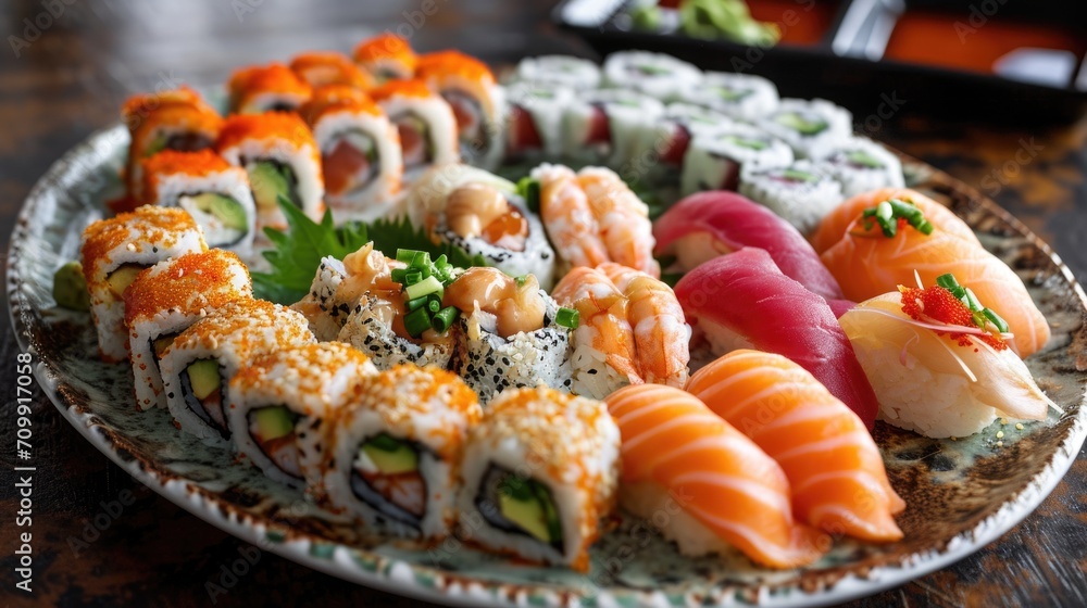 Sushi and maki set with soy sauce on a wooden plate on a black table Sushi and maki set with soy sauce on a wooden plate on a black table