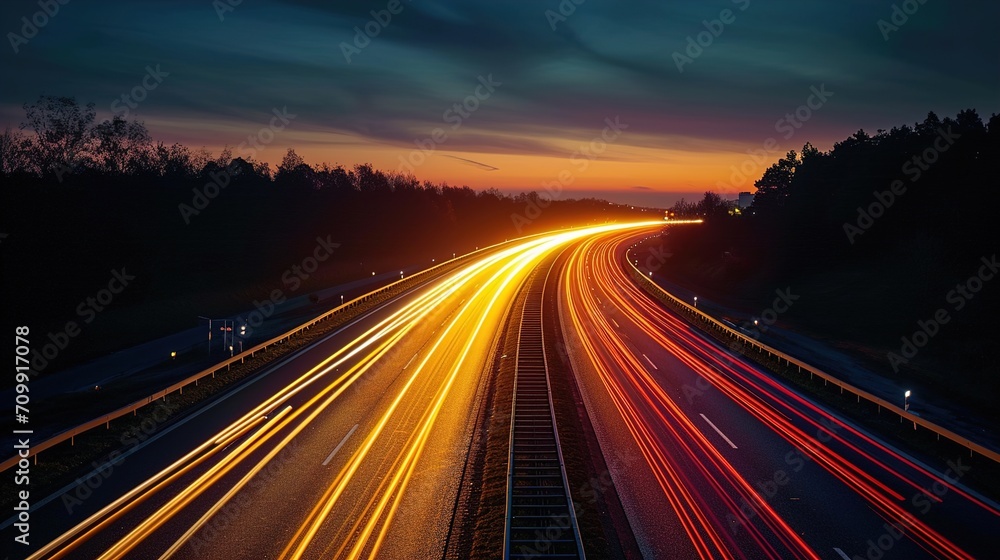 long exposure photo of a highway at night, vibrant, generative ai