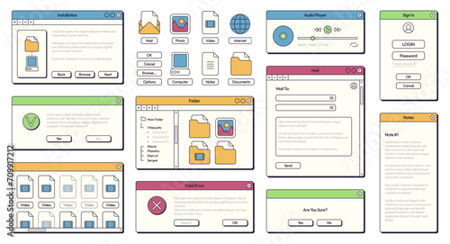 Computer 90s UI. Retro 80s and 90s style GUI panels with buttons and frames for application and operating system design. Vector modern notification screen of gui design 90s illustration
