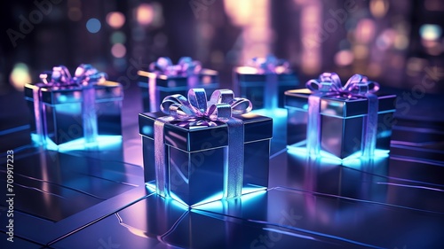 Metallic gift boxes with glowing edges in a futuristic setting © Putra