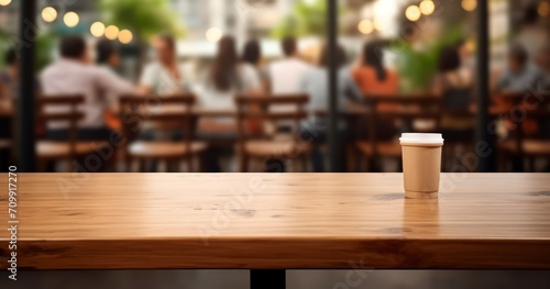 The Serenity of an Empty Wooden Surface Against a Blurred Cafe Backdrop with Patrons