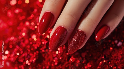 Photos of the design of red nails on the hands, advertising the color of the nails photo