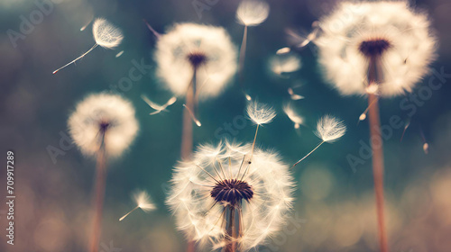 Dreamy Dandelion Dance  Abstract Blurred Nature Background with Seeds Parachute