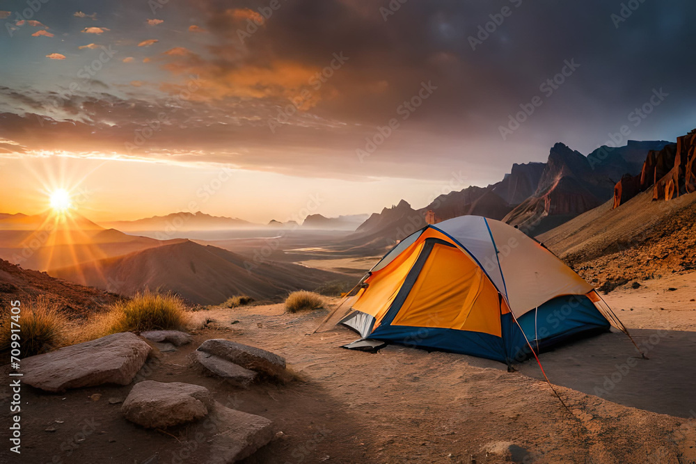 colorful camping tent in the canyon  , outdoor activity - obrazy, fototapety, plakaty 