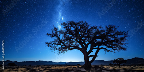 Majestic tree silhouette against starry night sky