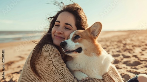 A girl in a beige sweater hugs a corgi dog sitting on the sand by the sea photo