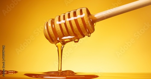 Honey dripping from honey dipper on yellow background. Healthy food concept