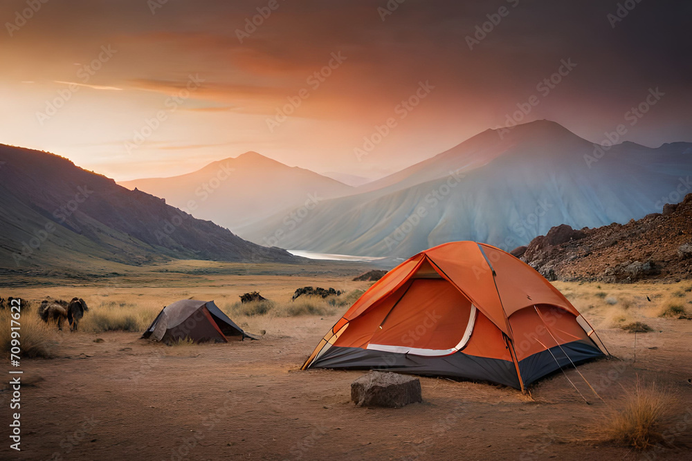 colorful camping tent in the canyon  , outdoor activity - obrazy, fototapety, plakaty 