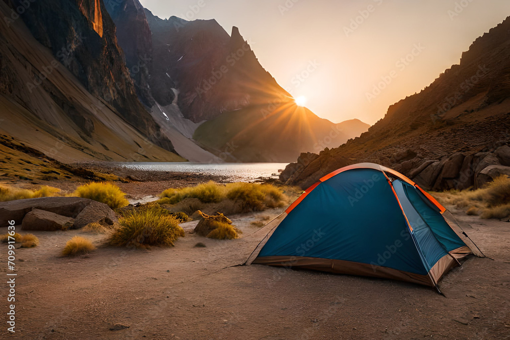 camping tent in the canyon at sunset  , outdoor activity
