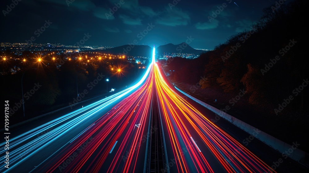 long exposure photo of a highway at night, vibrant, generative ai