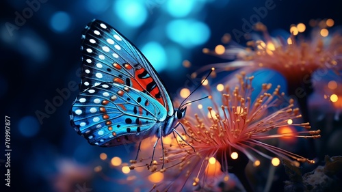 Butterfly with glowing patterns rests on a midnight blue flower © Putra