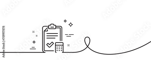 Accounting checklist line icon. Continuous one line with curl. Calculator sign. Calculate finance symbol. Accounting checklist single outline ribbon. Loop curve pattern. Vector