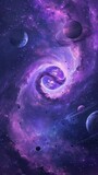 whirlpool from the attraction of a star in space, the attraction of planets, purple tones, banner, poster
