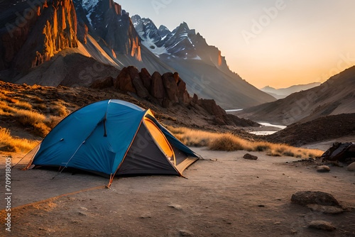 camping tent in the canyon at sunset , outdoor activity