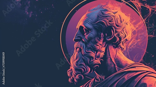 Vibrant Illustration of Philosopher Plato in Round Frame on Dark Canvas with Empty Space for Text photo