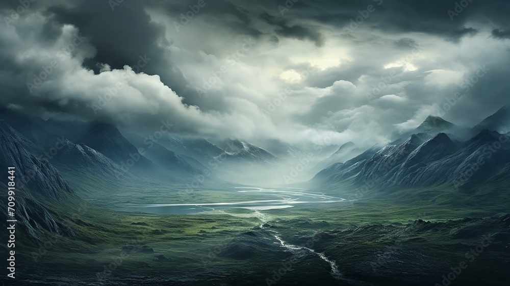 Clouds swirl dramatically above a serene landscape