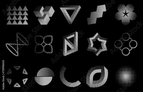 Bitmap dither figures. Abstract pixel gradient geometric shapes with distort and glitch effect. Vector bitmap 90s y2k grunge glitch art set of dither bitmap design illustration
