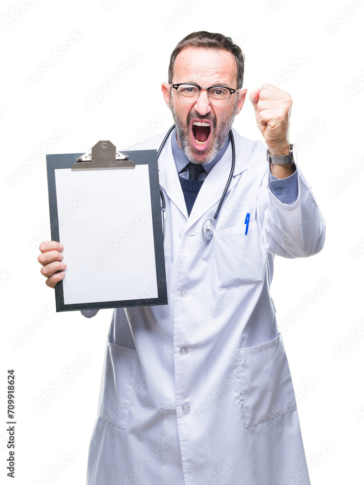 Middle age senior hoary doctor man holding clipboard isolated background annoyed and frustrated shouting with anger, crazy and yelling with raised hand, anger concept Middle age senior hoary doctor man holding clipboard isolated background annoyed and frustrated shouting with anger, crazy and yelling with raised hand, anger concept
