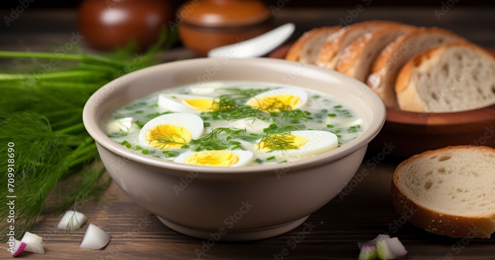 A Bowl of Cold White Okroshka Soup, Perfectly Complemented by Herbs and Boiled Eggs A Bowl of Cold White Okroshka Soup, Perfectly Complemented by Herbs and Boiled Eggs