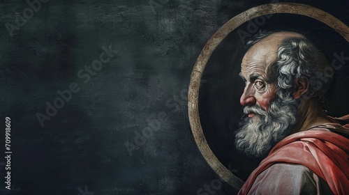Aristotle, the Philosopher, Illustrated in a Round Frame on Dark Canvas