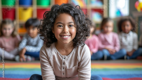 Young Girl Sitting in Front of Group of Children