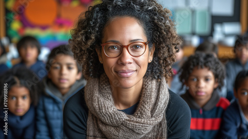 Woman With Glasses Leading Group of Children