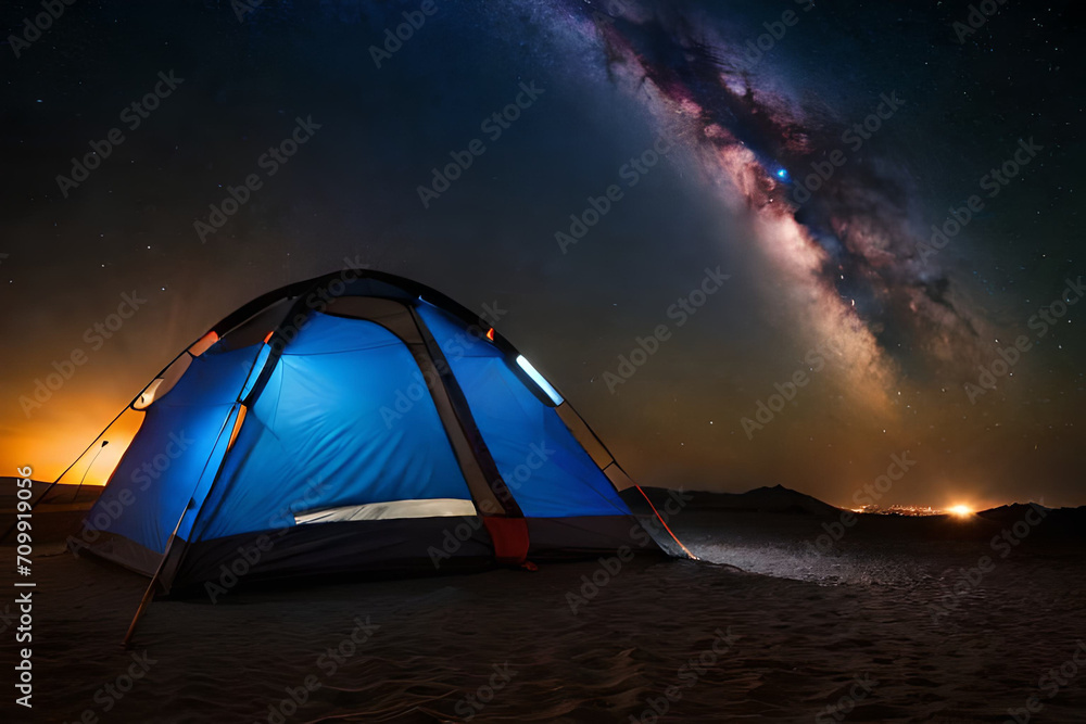  wild camping at  night  under a wonderful nebulae - obrazy, fototapety, plakaty 