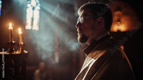 Priest administering ashes during Ash Wednesday. Priest Performing Ash Wednesday Ritual in a sunlit church during an Ash Wednesday ceremony