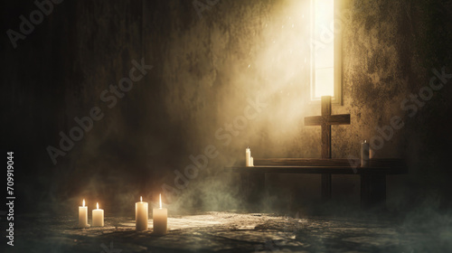 Foto Ash Wednesday altar with unlit candles and a crucifix, quiet and reflective mood