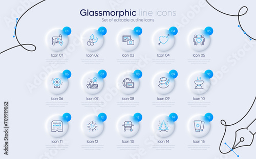 Set of Photo camera, Sale and Christmas tree line icons for web app. Sunscreen, Winner ticket, Love icons. Love couple, Discount, Pillow signs. Christmas holly, Web photo, Fireworks explosion. Vector