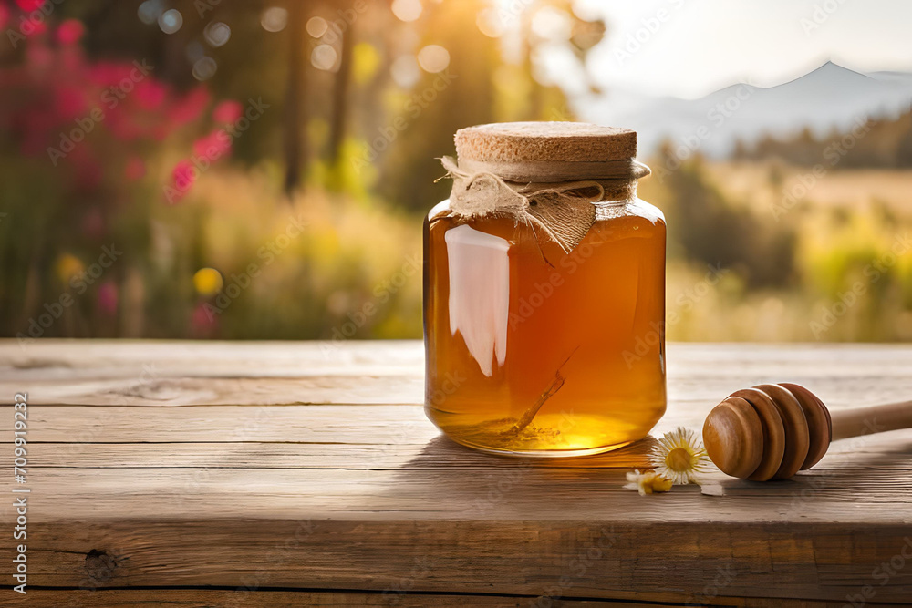 honey jar in a countryside background , rustic and wooden ambiance honey jar in a countryside background , rustic and wooden ambiance