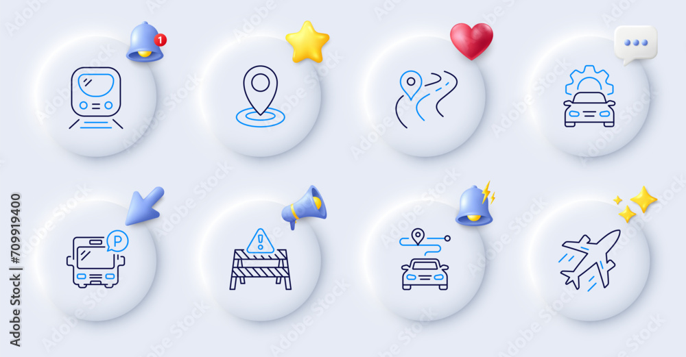 Road, Car service and Warning road line icons. Buttons with 3d bell, chat speech, cursor. Pack of Journey, Location, Plane icon. Bus parking, Metro pictogram. For web app, printing. Vector Road, Car service and Warning road line icons. Buttons with 3d bell, chat speech, cursor. Pack of Journey, Location, Plane icon. Bus parking, Metro pictogram. For web app, printing. Vector