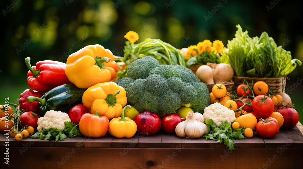 Fresh organic vegetables assortment on wooden table outdoors