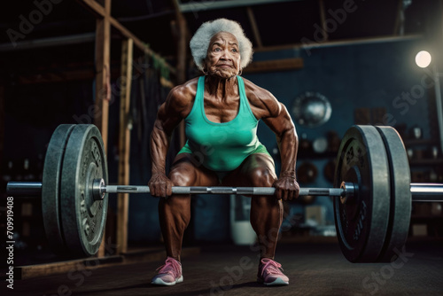 African gray-haired woman pensioner with barbell in the gym